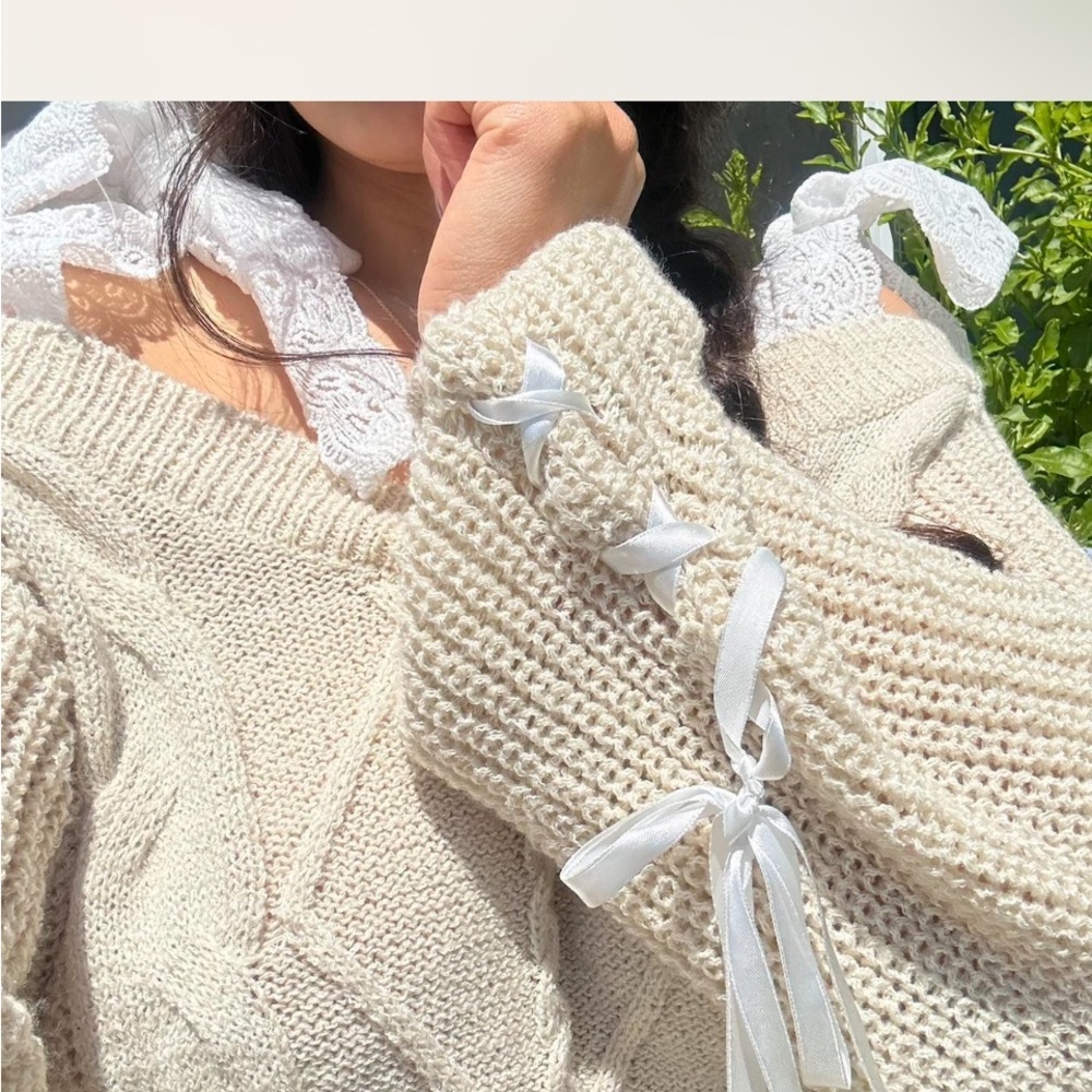 Lace-Up Cable Knit Off-Shoulder Sweater in Cream